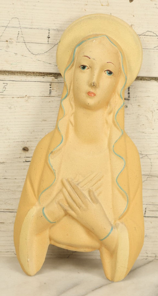 Lot 030 - Vintage "Magic Light" Virgin Mary Religious Chalkware Wall Hanger, Glows Under Black Light, Iris Halsey "Lumia" Original, Hand Painted, Magic Light Shop, New York City