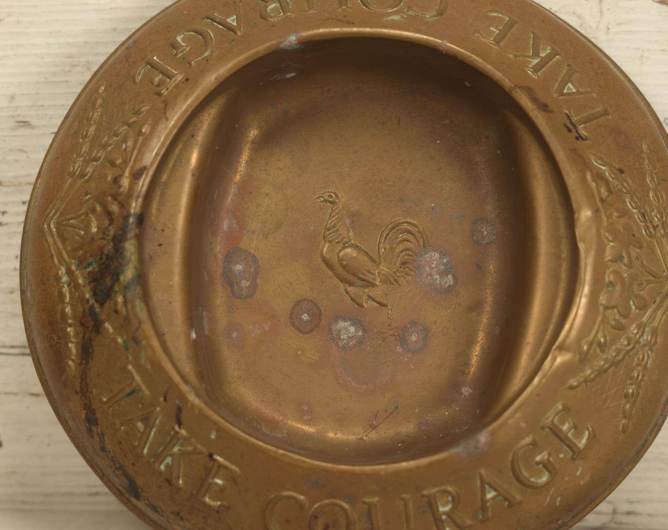 Lot 031 - Vintage British Courage Brewery Bar Top Brass Tip Tray, "Take Courage" With Rooster Motif, Various Wear, Rust