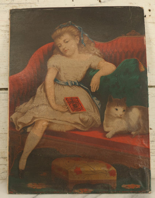 Lot 032 - Antique Unframed Chromolithograph Of A Little Girl And Her Cat, Titled "So Tired" Published By The Independents, Circa 1872, Printed By Brett & C0., New York