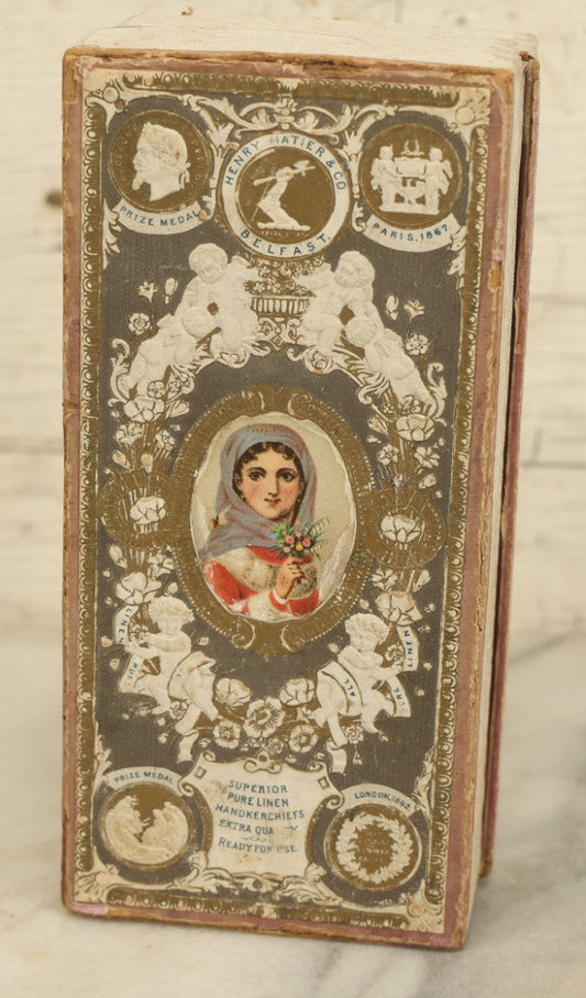 Lot 035 - Antique Henry Matier & Co. Linen Handkerchief Advertising Box With Woman On Front, Belfast, Ireland, With Interior Compartments, Gentlemen's Linen Handkerchiefs, French Finish, No. 419