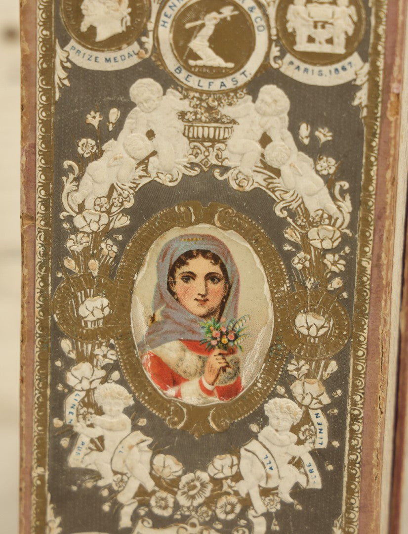 Lot 035 - Antique Henry Matier & Co. Linen Handkerchief Advertising Box With Woman On Front, Belfast, Ireland, With Interior Compartments, Gentlemen's Linen Handkerchiefs, French Finish, No. 419