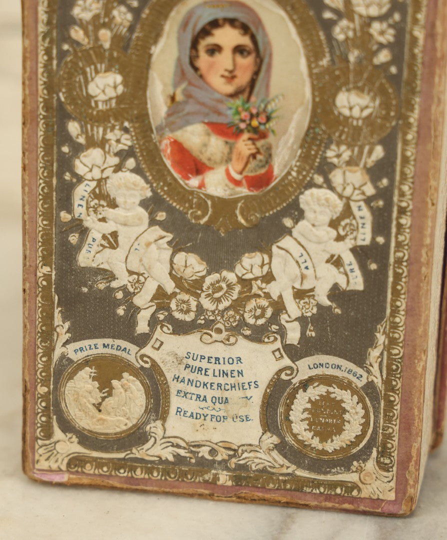 Lot 035 - Antique Henry Matier & Co. Linen Handkerchief Advertising Box With Woman On Front, Belfast, Ireland, With Interior Compartments, Gentlemen's Linen Handkerchiefs, French Finish, No. 419