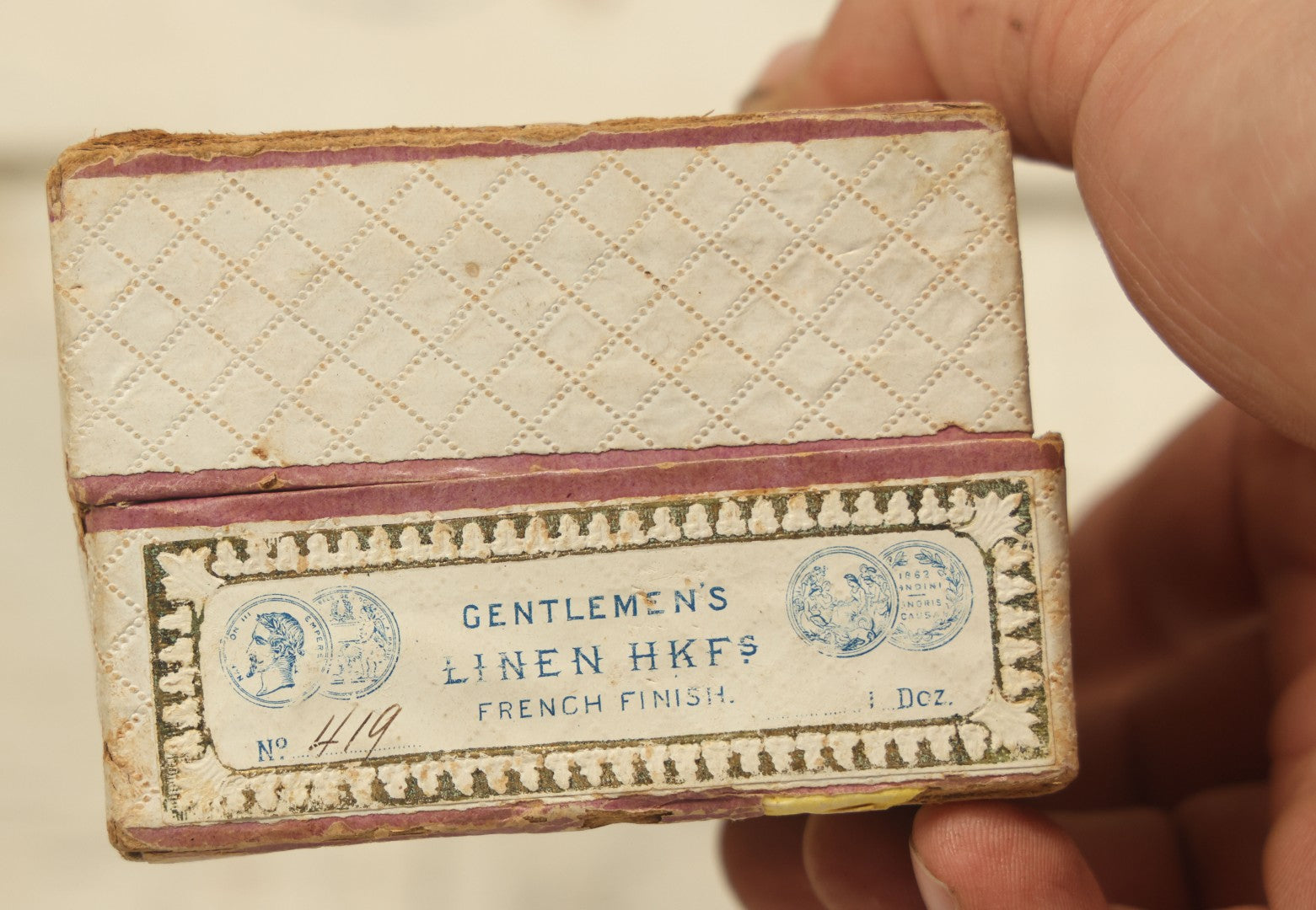 Lot 035 - Antique Henry Matier & Co. Linen Handkerchief Advertising Box With Woman On Front, Belfast, Ireland, With Interior Compartments, Gentlemen's Linen Handkerchiefs, French Finish, No. 419