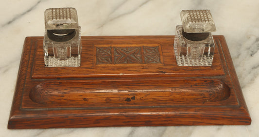 Lot 036 - Antique Hand Carved Folk Art Pen And Ink Stand With Geometric Carving, Two Glass Inkwells, Note Various Wear To Inkwells