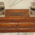 Lot 036 - Antique Hand Carved Folk Art Pen And Ink Stand With Geometric Carving, Two Glass Inkwells, Note Various Wear To Inkwells