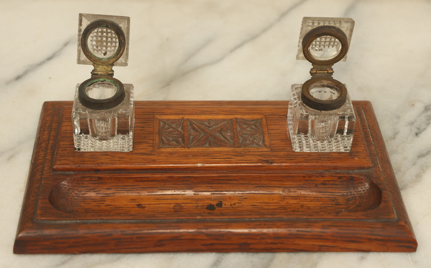 Lot 036 - Antique Hand Carved Folk Art Pen And Ink Stand With Geometric Carving, Two Glass Inkwells, Note Various Wear To Inkwells