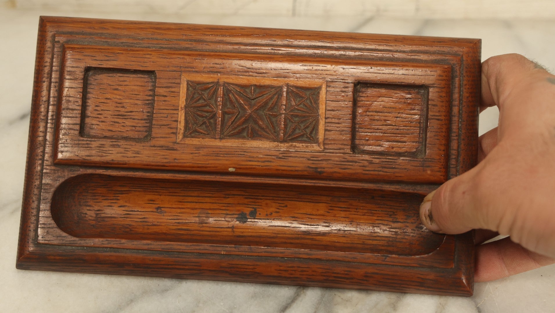 Lot 036 - Antique Hand Carved Folk Art Pen And Ink Stand With Geometric Carving, Two Glass Inkwells, Note Various Wear To Inkwells