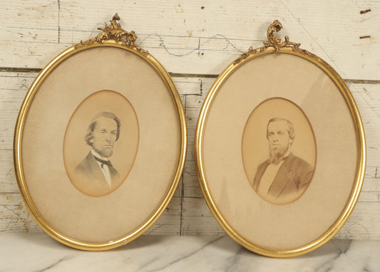 Lot 037 - Pair Of Antique Oval Framed And Matted Portrait Photos Of Men With Beards, One With Hand Coloring, Ornate Finials On Frames