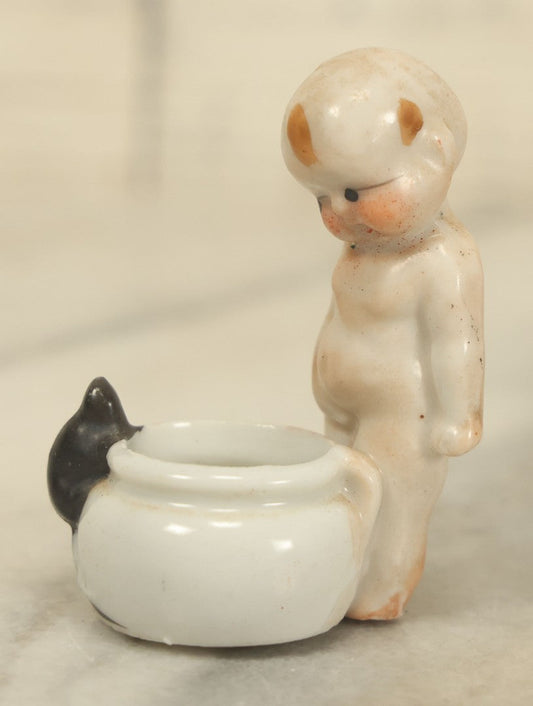 Lot 039 - Vintage Porcelain Baby Chamber Pot Figurine, Baby Looking Down At Potty With Mouse Crawling Out Of It, Made In Japan