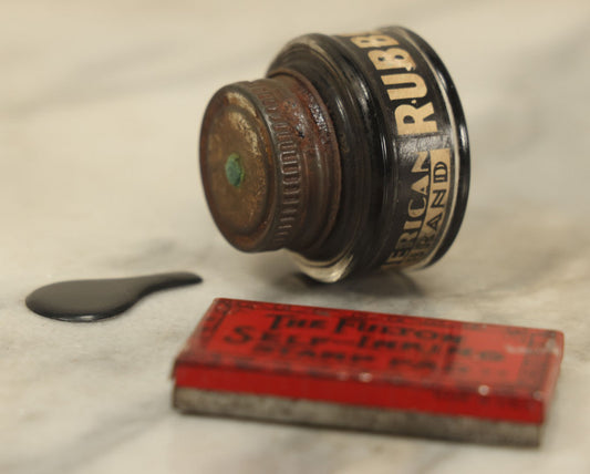 Lot 040 - Vintage Faux Spilled Inkpot Novelty Toy With Stamp Pad Tin, Made In Japan, Small Tin Ink Blob Looks Like Spilled Ink