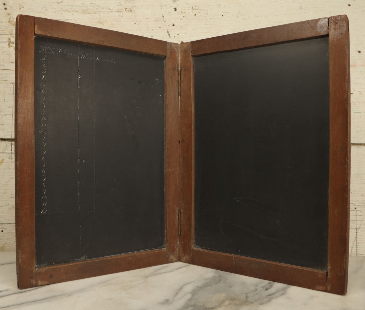 Lot 042 - Antique Folding Slate Chalkboard Schoolhouse Tablet, With Etched Numbers, Letters, Note Vertical Crack On Left Side, Wooden Frame