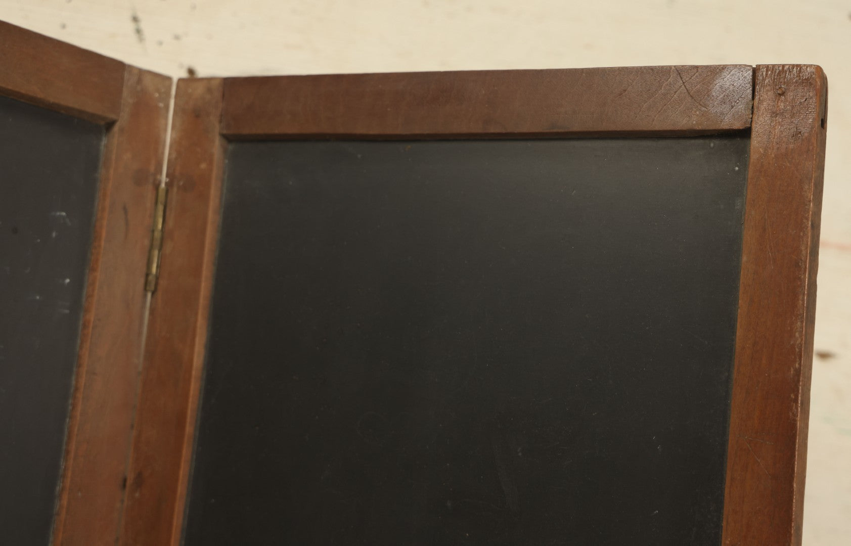 Lot 042 - Antique Folding Slate Chalkboard Schoolhouse Tablet, With Etched Numbers, Letters, Note Vertical Crack On Left Side, Wooden Frame