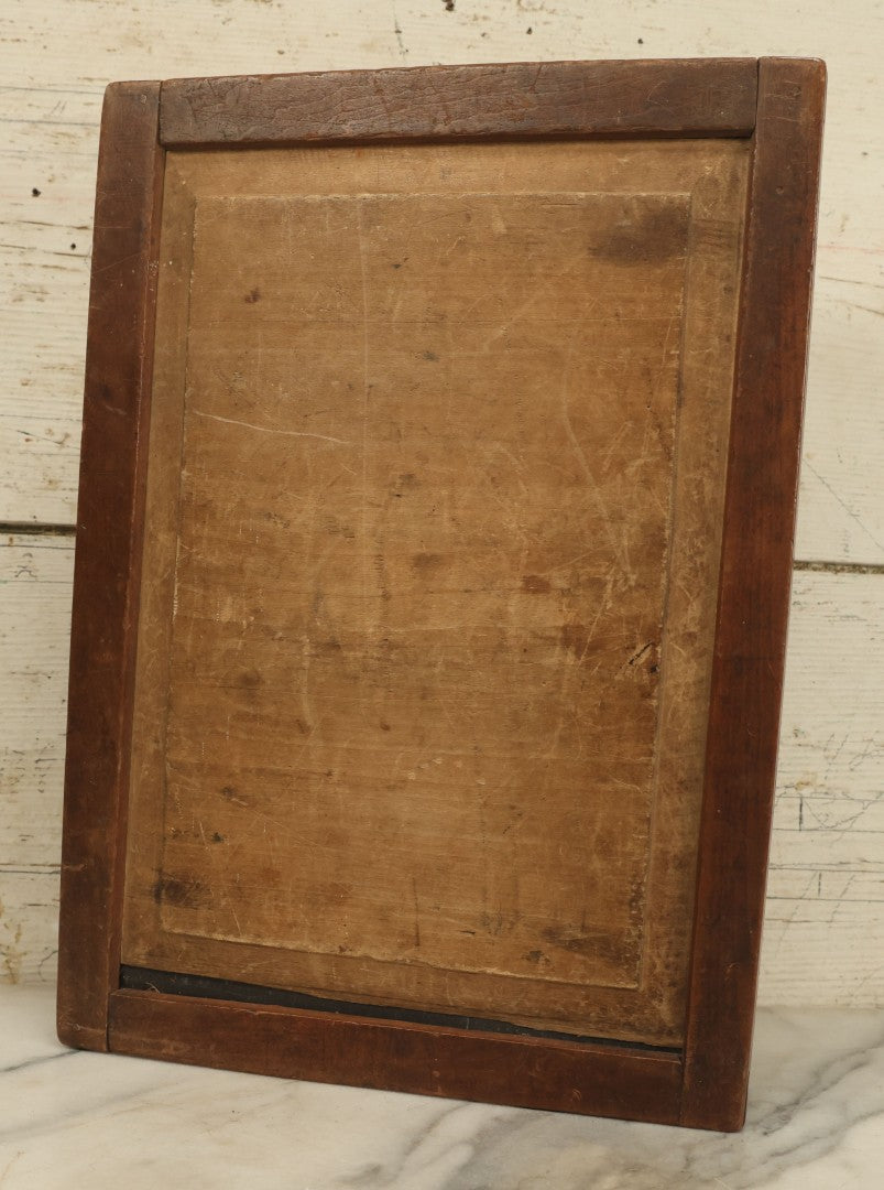 Lot 042 - Antique Folding Slate Chalkboard Schoolhouse Tablet, With Etched Numbers, Letters, Note Vertical Crack On Left Side, Wooden Frame