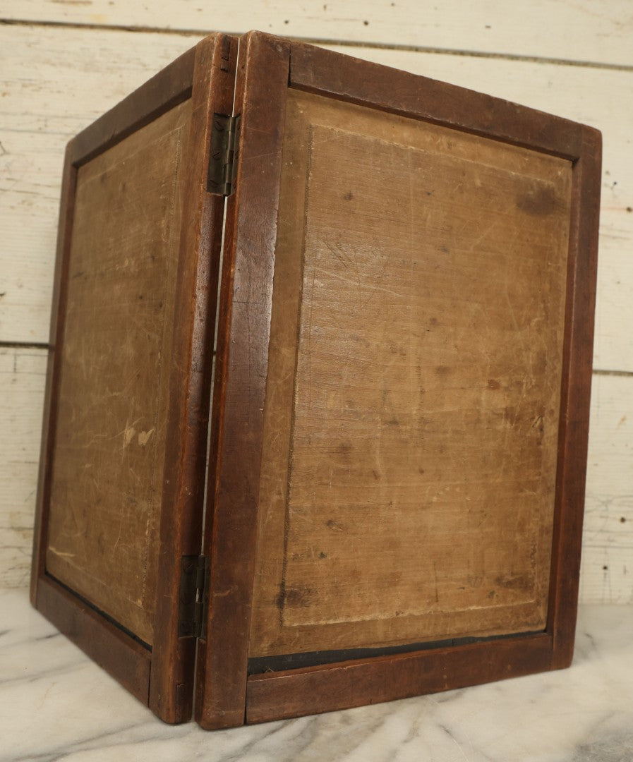 Lot 042 - Antique Folding Slate Chalkboard Schoolhouse Tablet, With Etched Numbers, Letters, Note Vertical Crack On Left Side, Wooden Frame