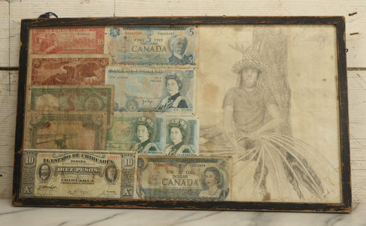 Lot 043 - Vintage Pencil Sketch Folk Art Of Man Weaving Hat With Nine Pieces Of Foreign Currency In Frame From Canada, Vietnam, Etc., Artist Signed And Dated, Illegible