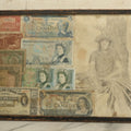 Lot 043 - Vintage Pencil Sketch Folk Art Of Man Weaving Hat With Nine Pieces Of Foreign Currency In Frame From Canada, Vietnam, Etc., Artist Signed And Dated, Illegible