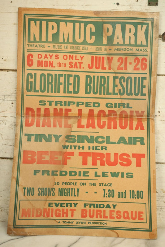 Lot 046 - Vintage Glorified Burlesque Broadside Paper Board Poster Featuring Stripped Girl Diane Lacroix, A Tommy Levene Production, Nipmuc Park Theater, Mendon, Massachusetts, Note Split, Taped Down Middle, Circa 1945