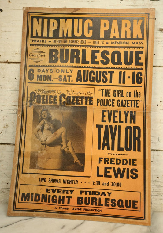 Lot 047 - Vintage Glorified Burlesque Broadside Paper Board Poster Featuring Evelyn Taylor, A Tommy Levene Production, Nipmuc Park Theater, Mendon, Massachusetts, Note Split, Taped Down Middle, Circa 1945