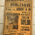 Lot 047 - Vintage Glorified Burlesque Broadside Paper Board Poster Featuring Evelyn Taylor, A Tommy Levene Production, Nipmuc Park Theater, Mendon, Massachusetts, Note Split, Taped Down Middle, Circa 1945