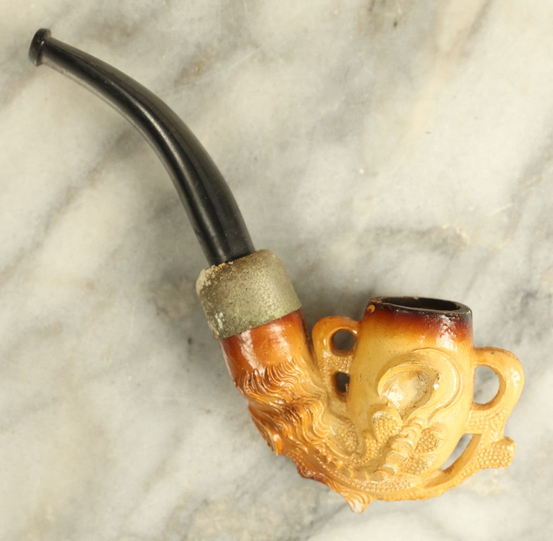 Lot 052 - Vintage Carved Meerschaum Dragon Claw Smoking Pipe With Stem, Note Residue, Wear