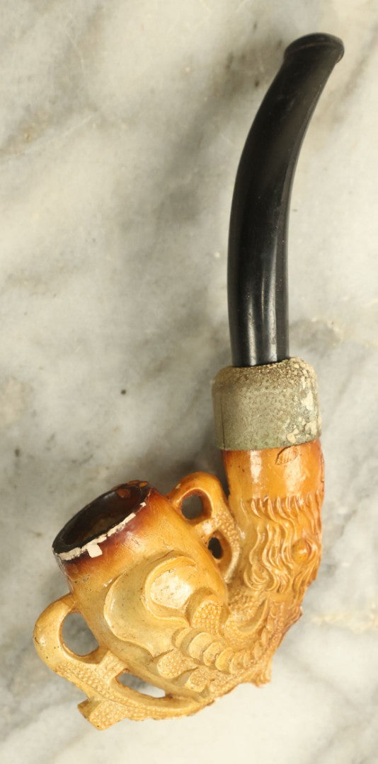 Lot 052 - Vintage Carved Meerschaum Dragon Claw Smoking Pipe With Stem, Note Residue, Wear