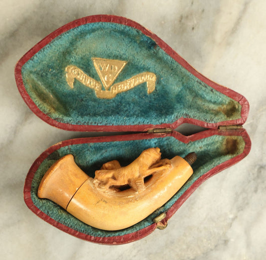 Lot 053 - Vintage Carved Meerschaum Hunting Dogs Smoking Pipe With No Stem In Case, Various Wear And Tear, Two Dogs Facing Opposite Directions