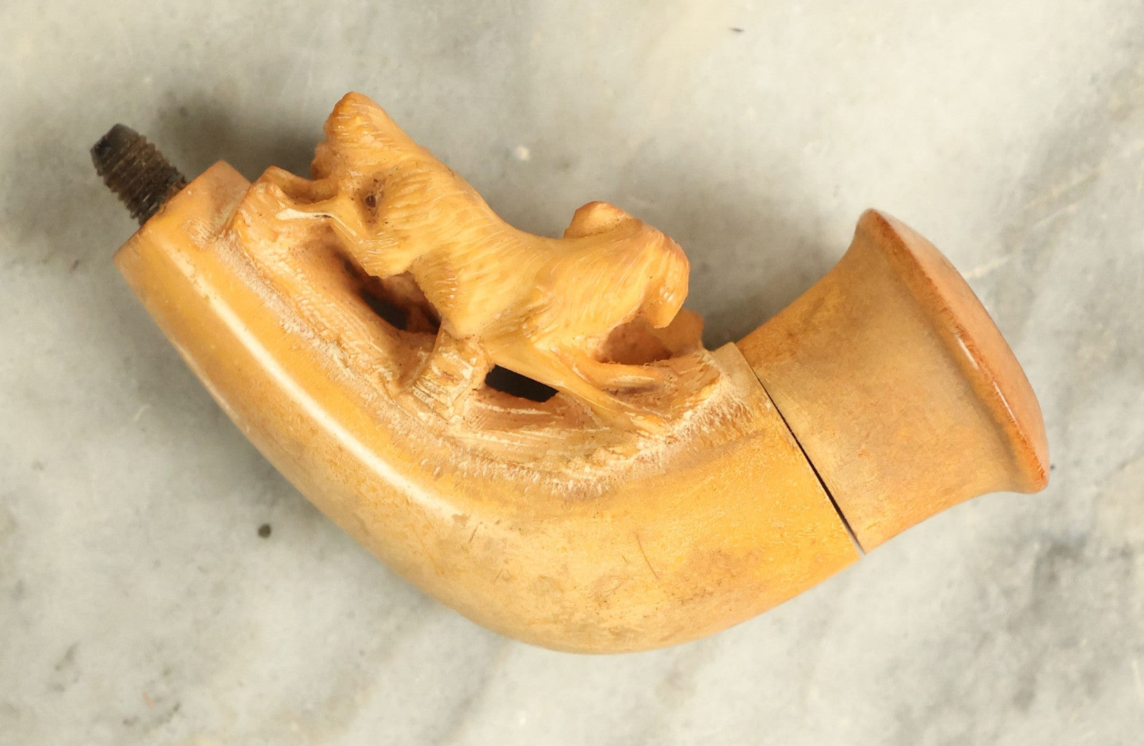 Lot 053 - Vintage Carved Meerschaum Hunting Dogs Smoking Pipe With No Stem In Case, Various Wear And Tear, Two Dogs Facing Opposite Directions