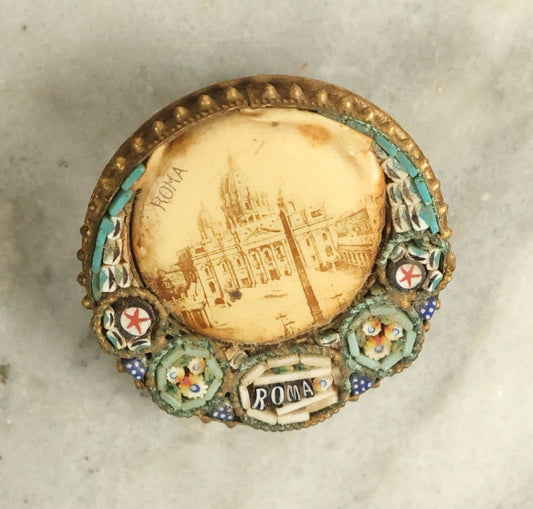 Lot 054 - Antique Micro Mosaic Brooch Pin From Rome, Italy, Roma, With Pin Surrounded By Mosaic, Various Wear And Tear