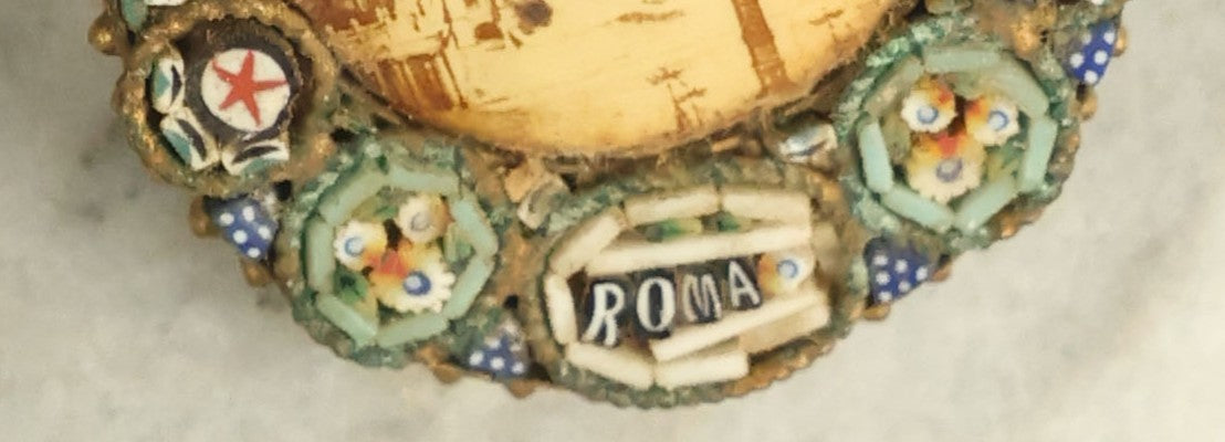 Lot 054 - Antique Micro Mosaic Brooch Pin From Rome, Italy, Roma, With Pin Surrounded By Mosaic, Various Wear And Tear