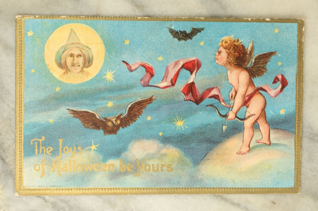 Lot 060 - Antique Halloween Postcard, "The Joys Of Halloween Be Yours" With Cupid, Witch, Owl, Bat, Copyright 1909, L.R. Conwell, New York, Postmarked