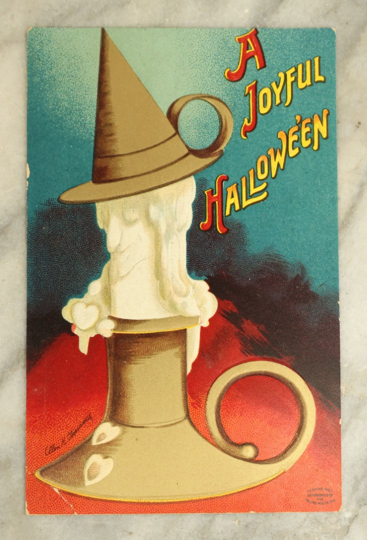 Lot 061 - Antique Halloween Postcard With Witch Candle In Candle Stand, Illustrated By Ellen Clapsaddle, Published By The International Art Publishing Co., Printed In Germany, Series No. 1393, With Pencil Writing