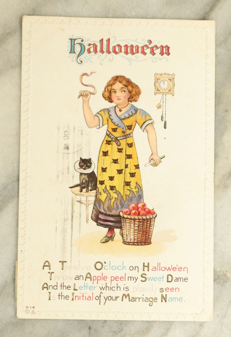 Lot 063 - Antique Halloween Postcard With Young Woman In Yellow Cat Dress With Black Cat, No H-14, 1912 Postmark