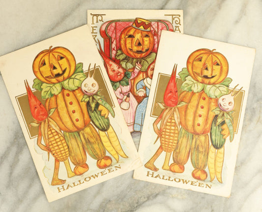 Lot 064 - Grouping Of Three Antique Merry Halloween Postcards With Anthropomorphic Vegetables