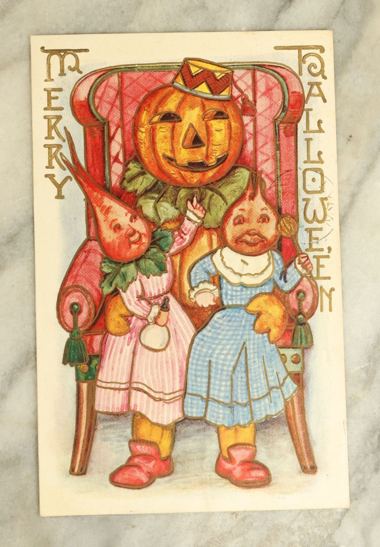 Lot 064 - Grouping Of Three Antique Merry Halloween Postcards With Anthropomorphic Vegetables