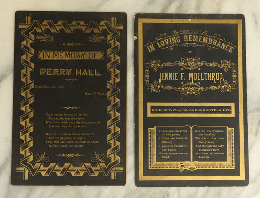 Lot 067 - Pair Of Antique Memorial Remembrance Mourning Cabinet Card Funeral Cards, One For Jennie F Moulthrop, Died Age 5 Months, 1886, And One For Perry Hall, Died Age 76, 1888