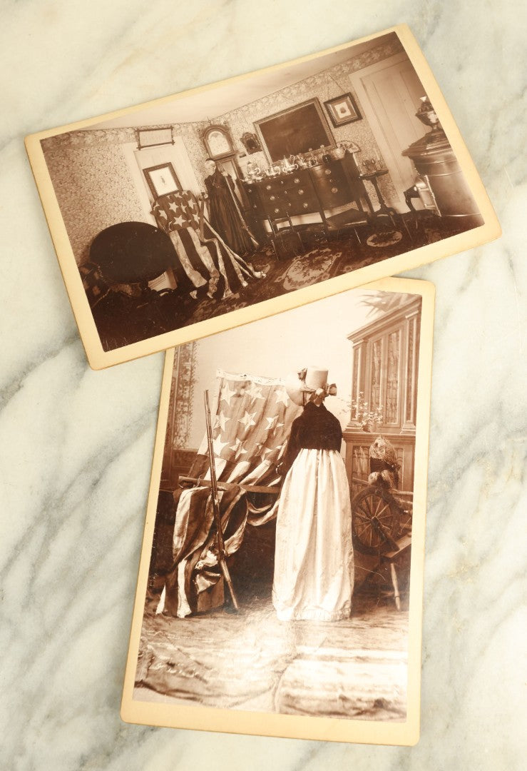 Lot 070 - Pair Of Large Size Antique Cabinet Card Photographs Of An Elderly Woman Posing With A Large Hand Sewn American Flag, Rifle, Possible American Revolution Connection Or Centennial, Chamberlain, Photographer, Rhode Island And Massachusetts