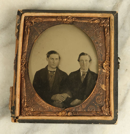 Lot 071 - Antique 1/6th Plate Ambrotype Photograph Of A Pair Of Friends With Linked Arms, In Half Leatherette Union Case With Patriotic Eagle Motif, Case Not Original To Photo