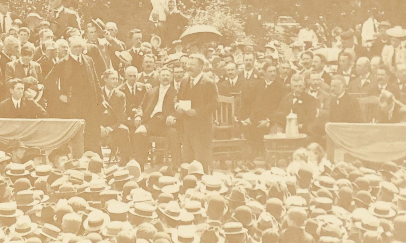 Lot 075 - Antique Boarded Photograph Of Theodore Roosevelt Giving A Campaign Speech In His Campaign For President, Washington Square, Haverhill, Massachusetts