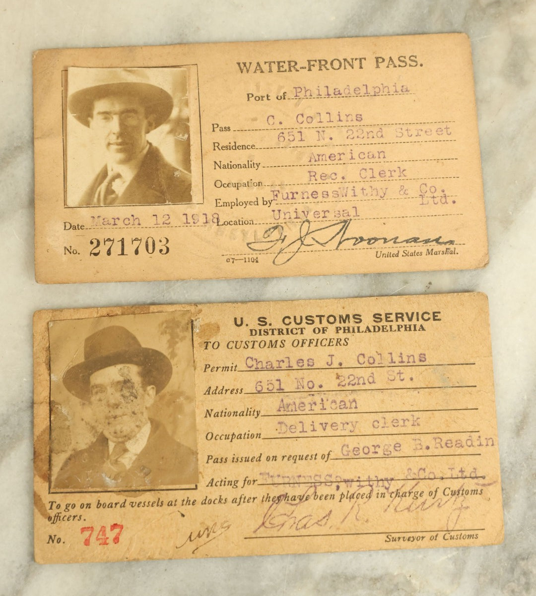 Lot 093 - Pair Of Antique Identification Cards Including A Waterfront Pass For The Port Of Philadelphia And A U.S. Customs Service Card, Both For Charles Collins, Circa 1918