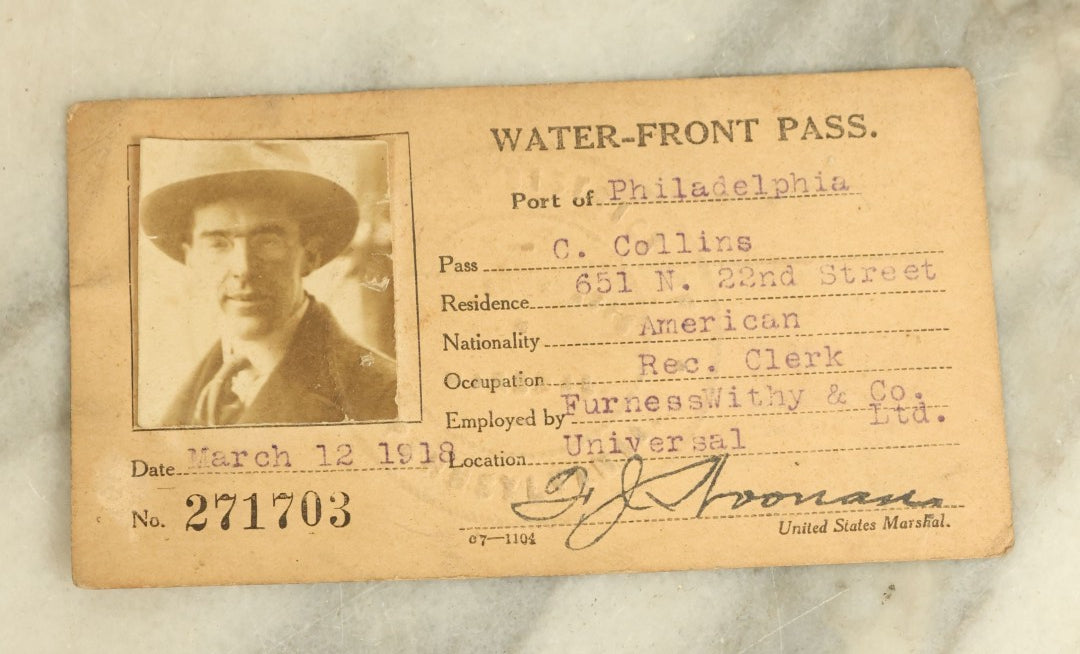 Lot 093 - Pair Of Antique Identification Cards Including A Waterfront Pass For The Port Of Philadelphia And A U.S. Customs Service Card, Both For Charles Collins, Circa 1918