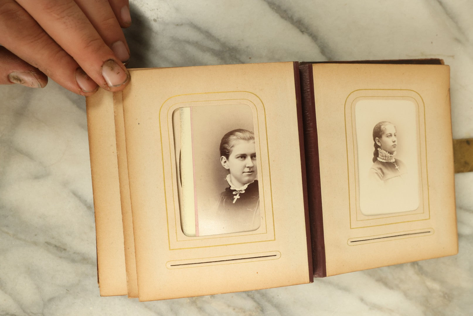 Lot 105 - Antique Carte De Visite Photograph Album With 40+ C.D.V. Photos, Note Spine Covering Lost, Album In Fair Condition, Binding Loose (All Photos Shown)