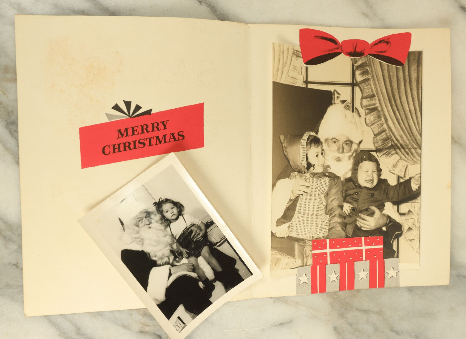 Lot 120 - Pair Of Vintage Christmas Photos Of Children With Santa Claus, Including Folded Photo Of Baby Crying, Terrified Of Santa