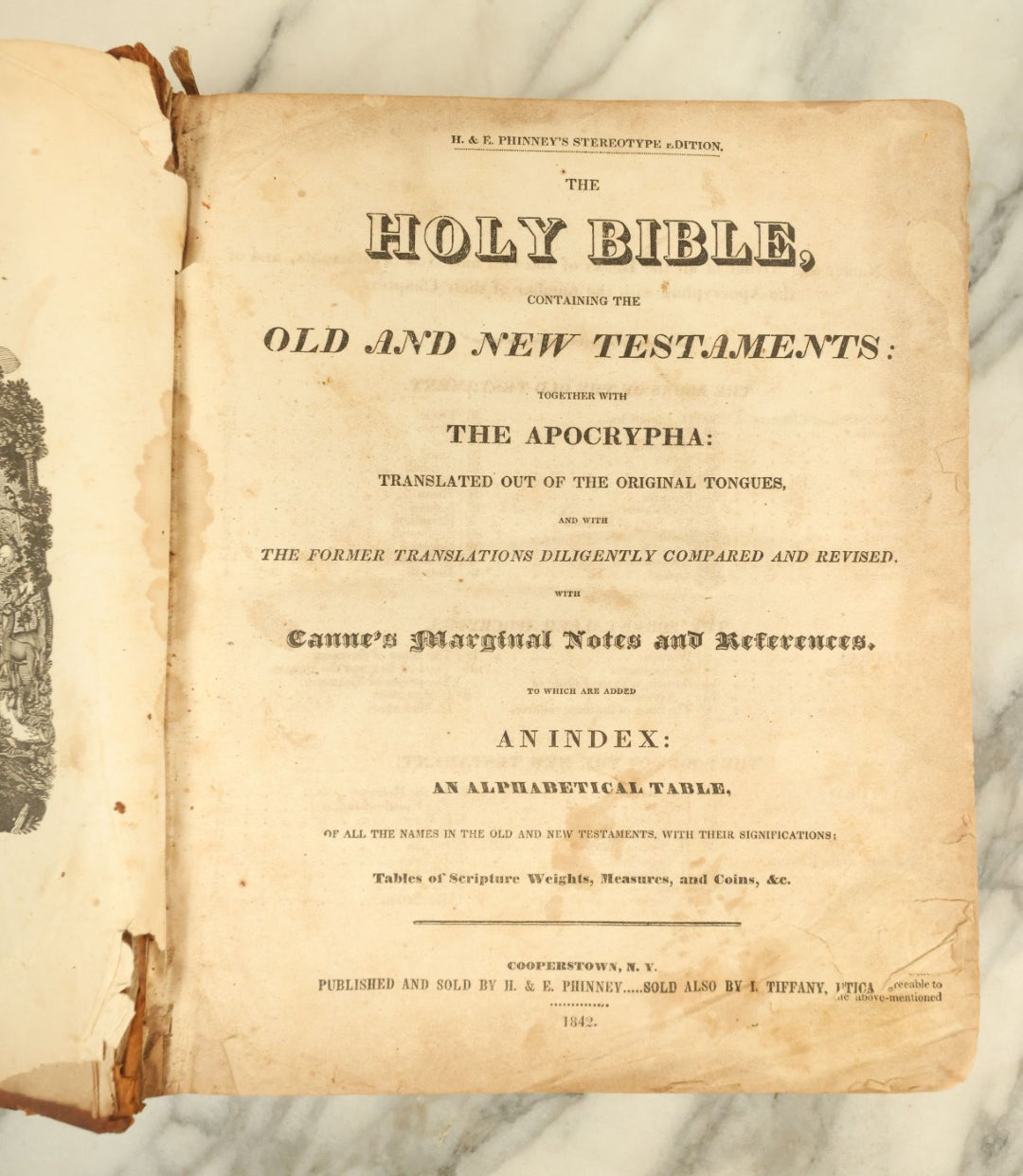 Lot 132 - Antique Holy Bible, Family Bible From 1842, Published And Sold By H&E Phinney, Containing The New And Old Testaments, Sparsely Illustrated