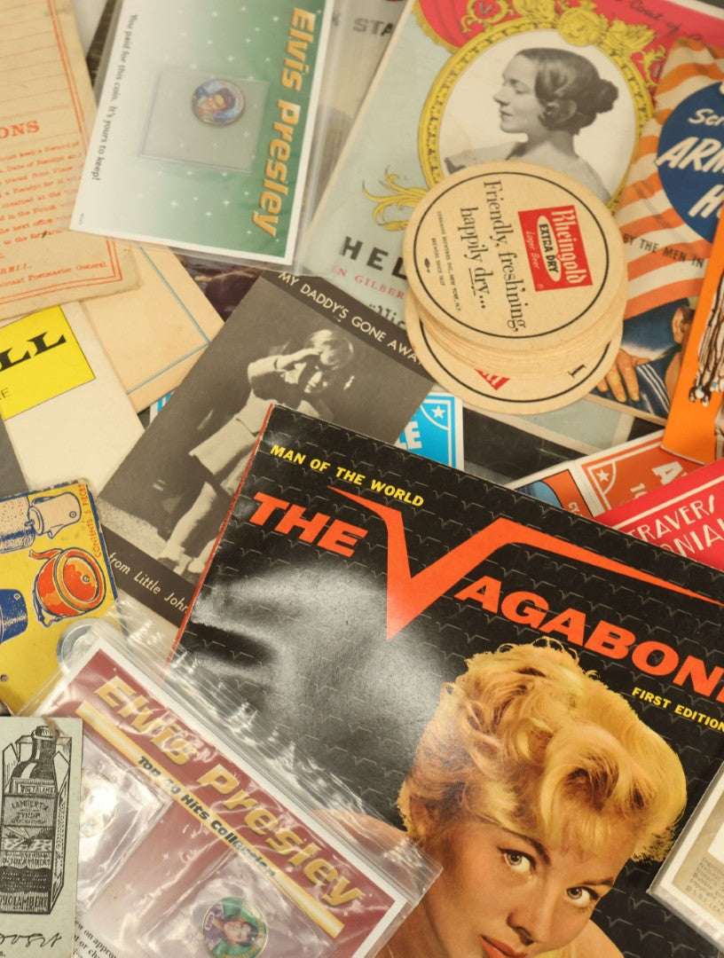 Lot 138 - Grouping Of Miscellaneous Mixed And Vintage Ephemera Including Kennedy Items, Vagabond Magazine, Elvis Presley Coins, Flash Gordon Comic, And More