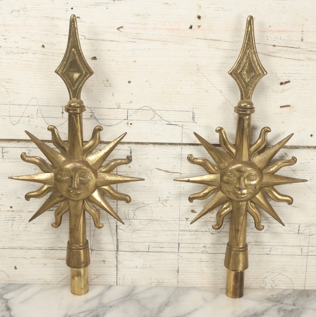 Lot 001 - Pair Of Antique Cast Brass Masonic Flag Pole Toppers With A Blazing Sun, Face, Double Sided