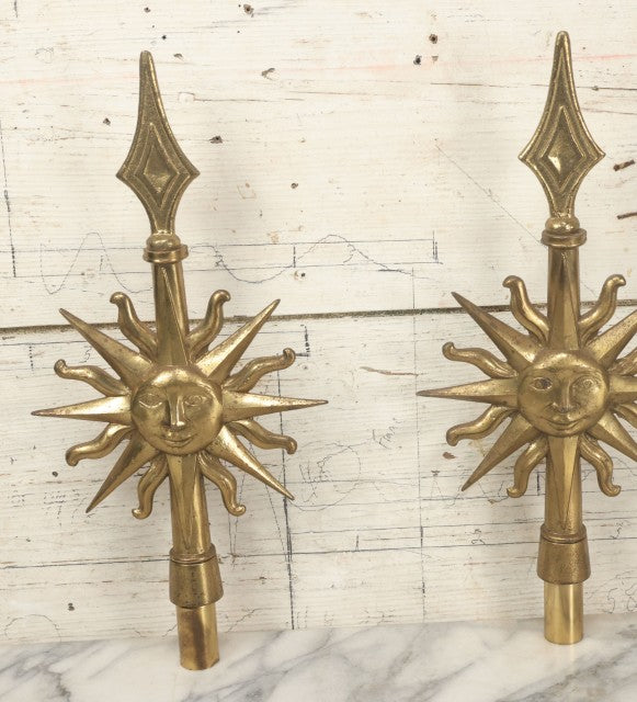 Lot 001 - Pair Of Antique Cast Brass Masonic Flag Pole Toppers With A Blazing Sun, Face, Double Sided