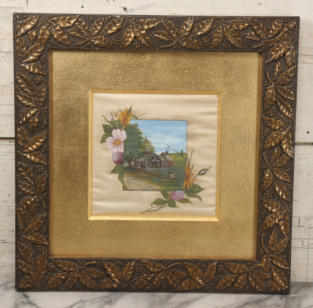 Lot 003 - Antique Country Scene Painting On Silk Of A Cabin, Field, Well, With Flower Surround, Artist Signed, E.L. Smith, 1884, In Original Ornate Frame, 16" x 16" 