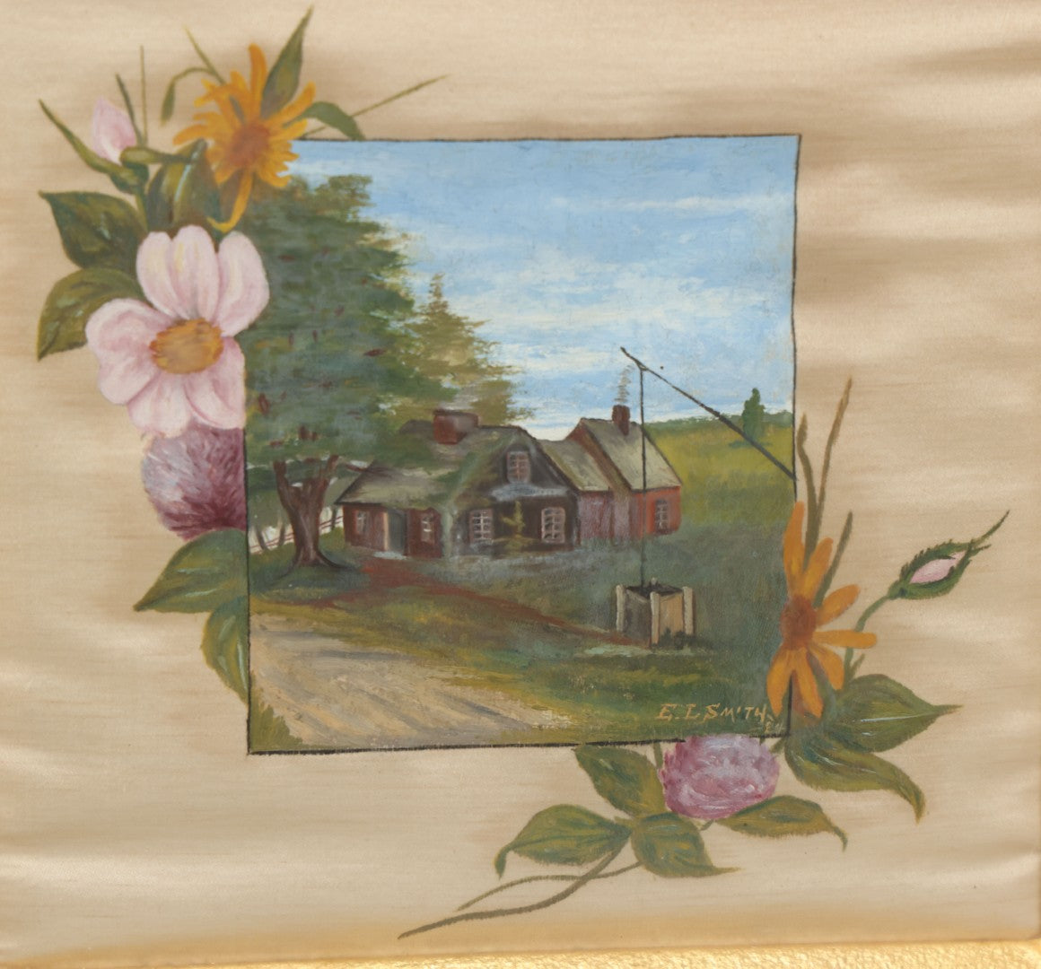 Lot 003 - Antique Country Scene Painting On Silk Of A Cabin, Field, Well, With Flower Surround, Artist Signed, E.L. Smith, 1884, In Original Ornate Frame, 16" x 16" 