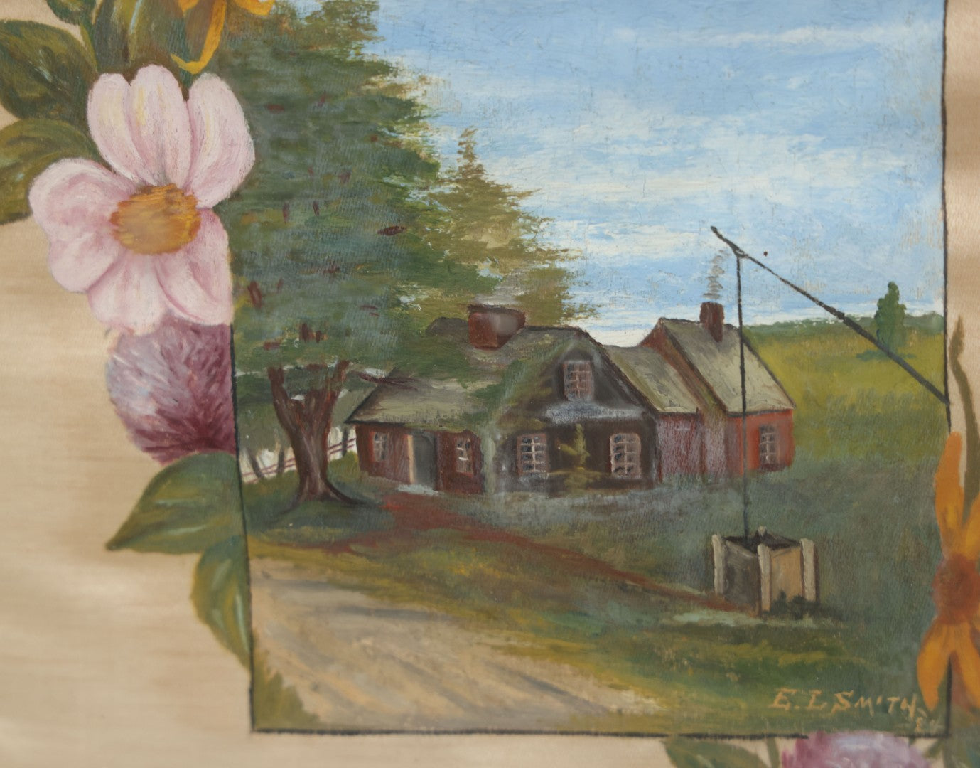 Lot 003 - Antique Country Scene Painting On Silk Of A Cabin, Field, Well, With Flower Surround, Artist Signed, E.L. Smith, 1884, In Original Ornate Frame, 16" x 16" 