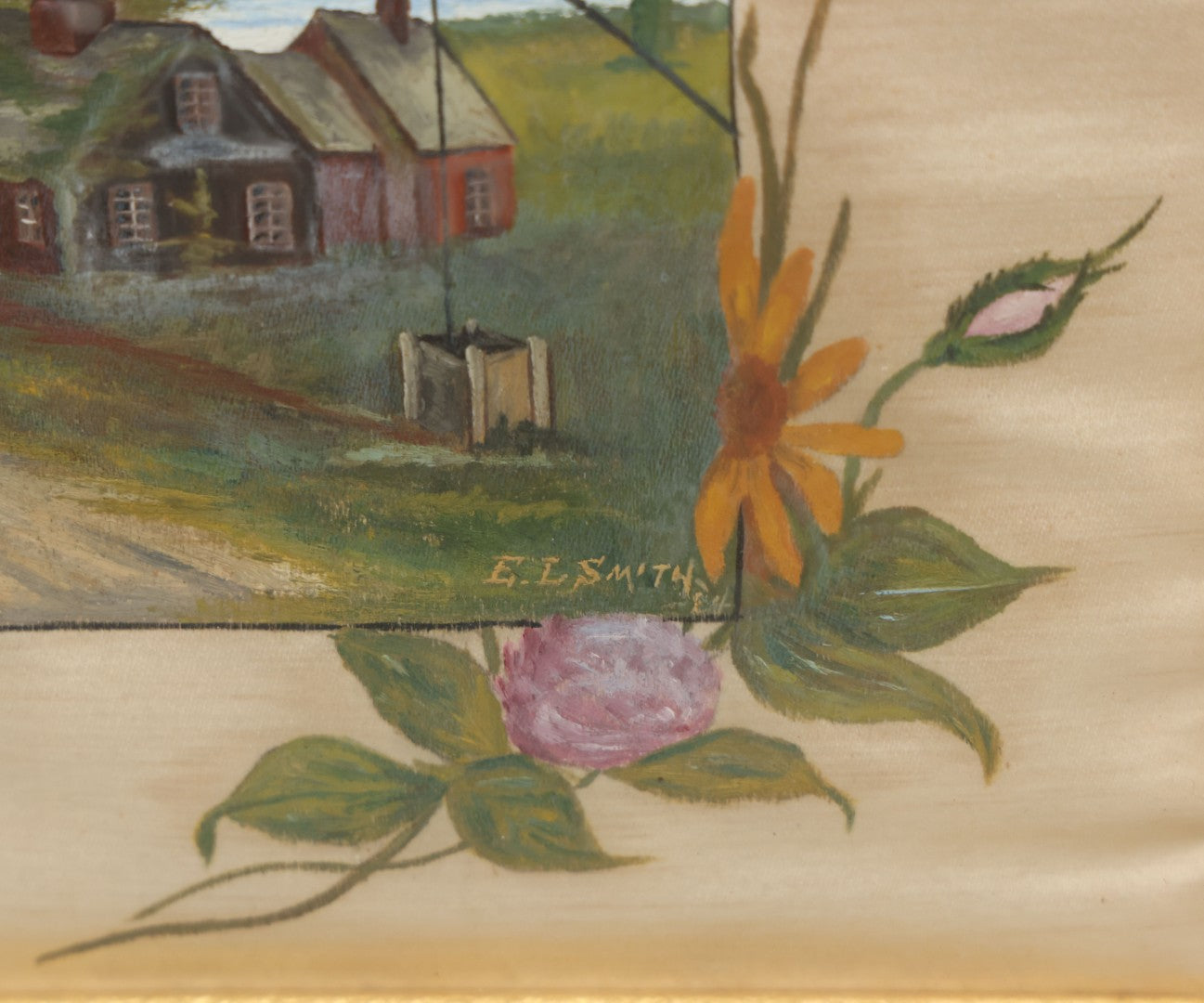 Lot 003 - Antique Country Scene Painting On Silk Of A Cabin, Field, Well, With Flower Surround, Artist Signed, E.L. Smith, 1884, In Original Ornate Frame, 16" x 16" 